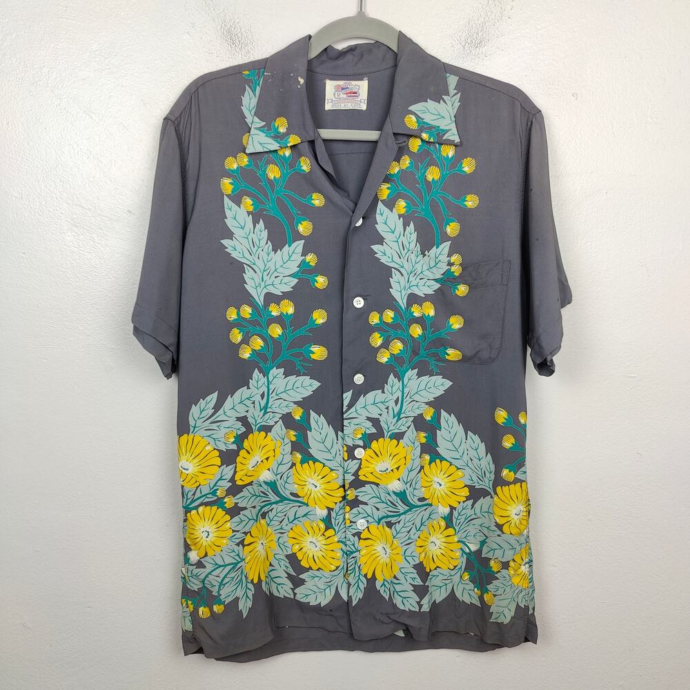 Vintage‎ 40s 50s Duke Kahanamoku Champion Rayon Hawaiian Shirt Mens Medium Gray